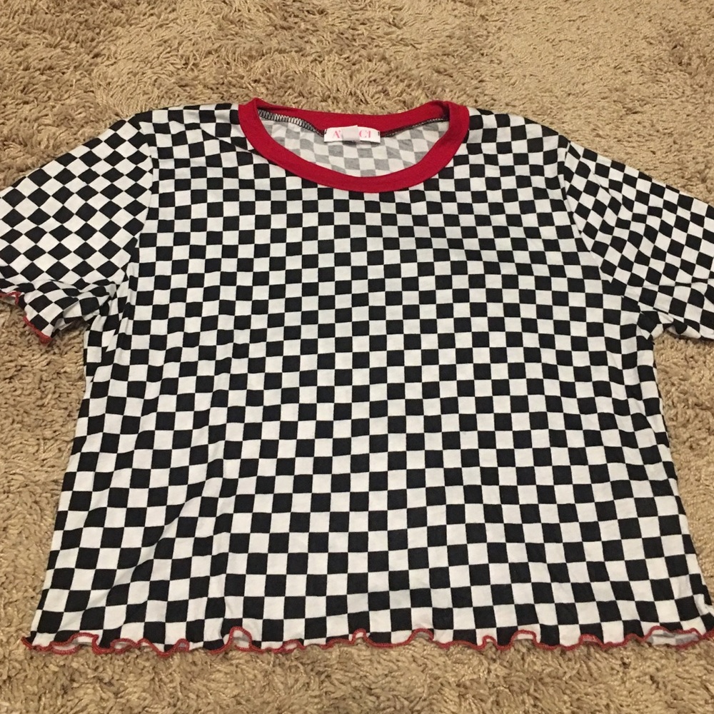 Checkered black and white shirt with red trim